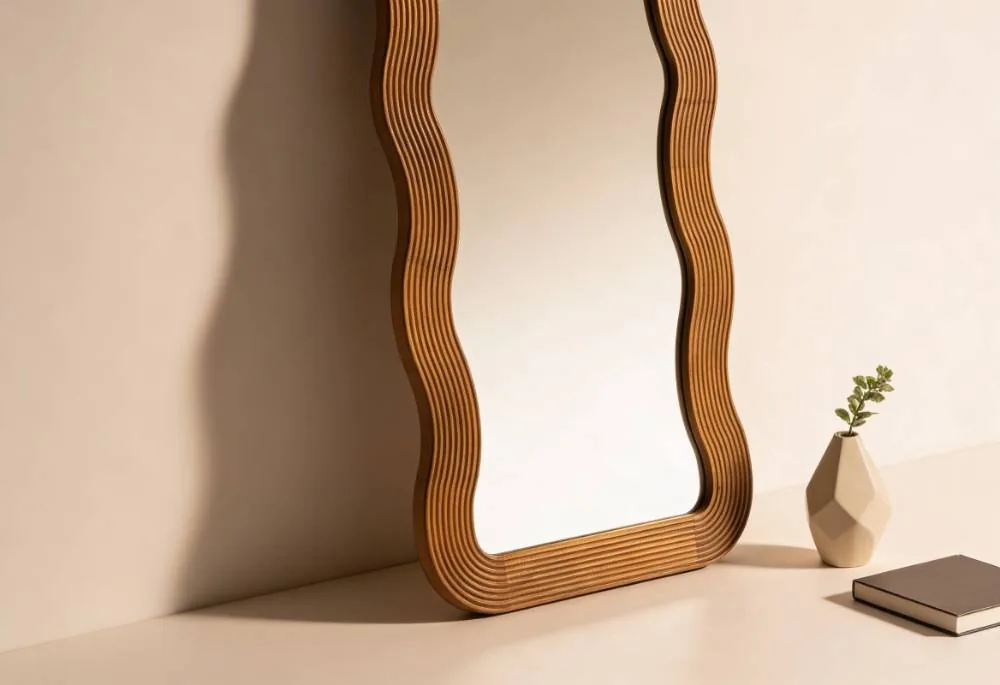 Wavy rattan mirror