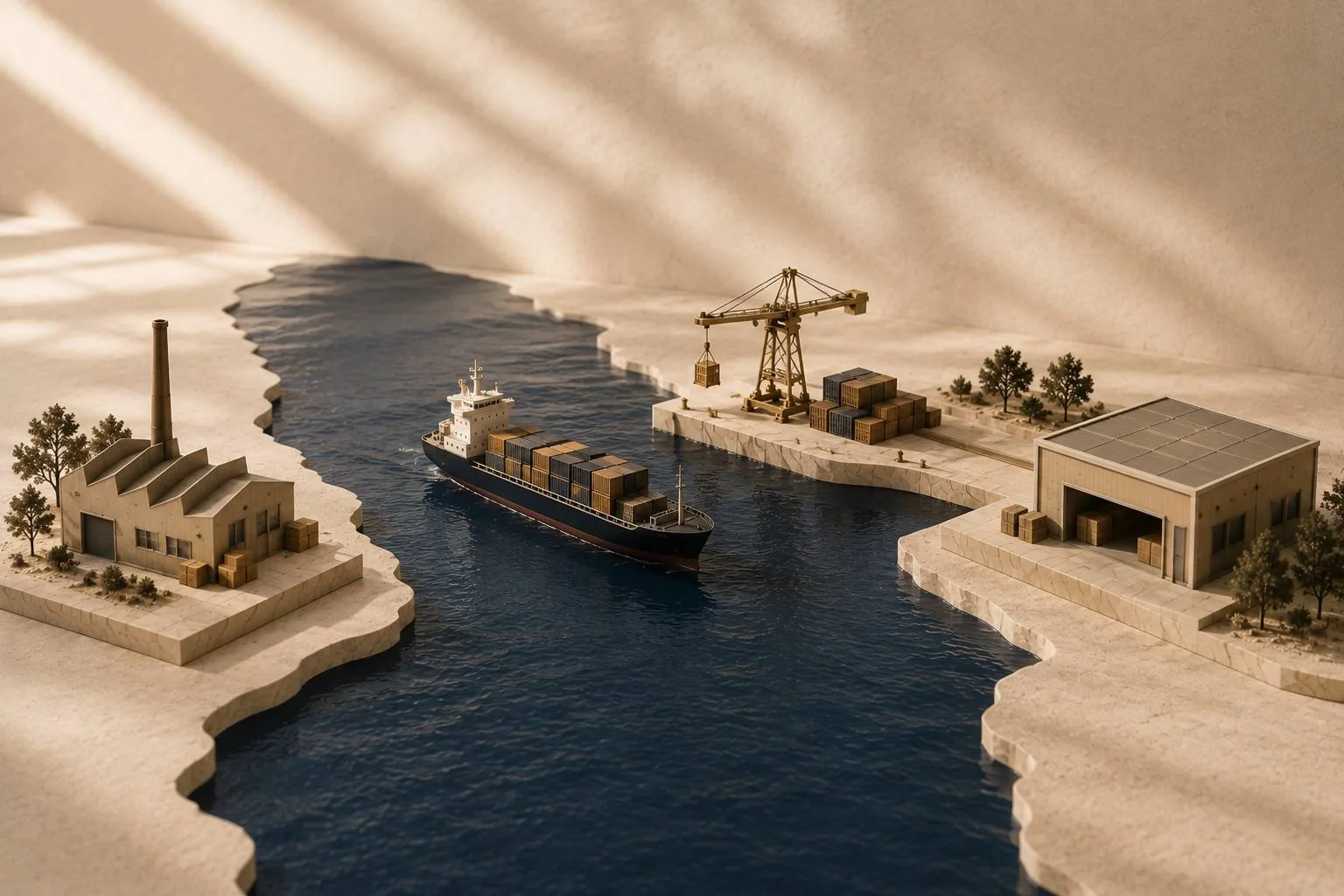 Factory, ship, port crane and warehouse